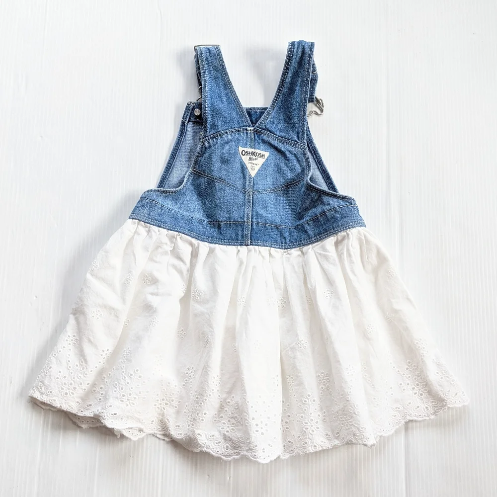 OSH-KOSH B'GOSH girls white eyelet blue denim bib overall skirtall jumper 4t